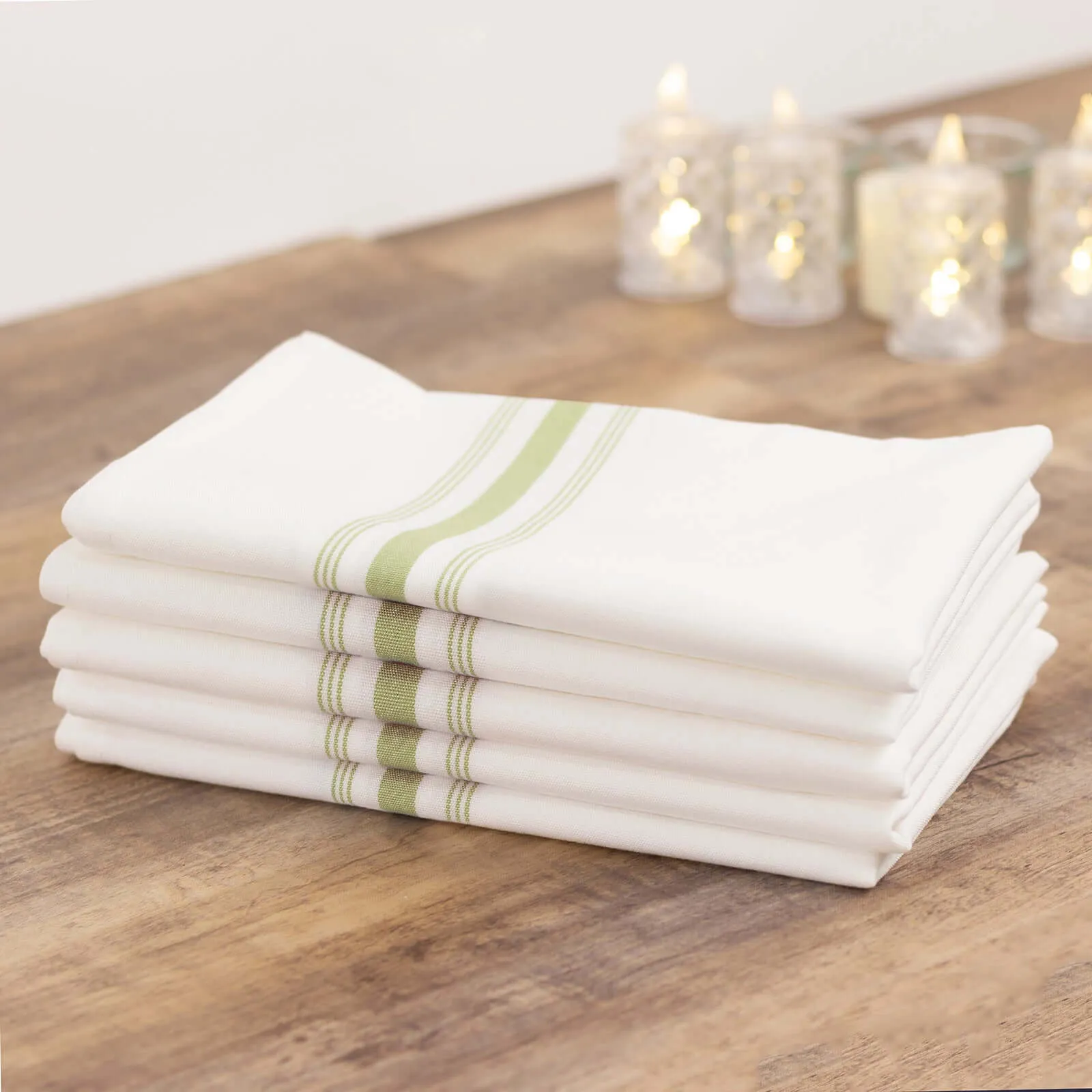 10 Pack White Spun Polyester Cloth Napkins with Sage Green Reverse Stripes, Premium Restaurant Quality Bistro Napkins - 18"x22"