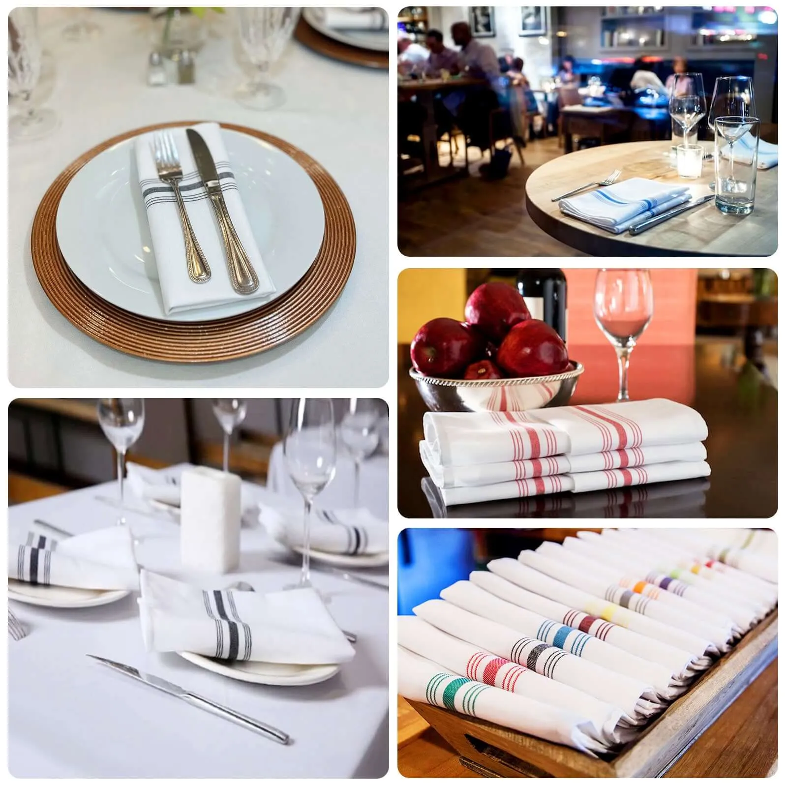 10 Pack White Spun Polyester Cloth Napkins with Sage Green Reverse Stripes, Premium Restaurant Quality Bistro Napkins - 18"x22"