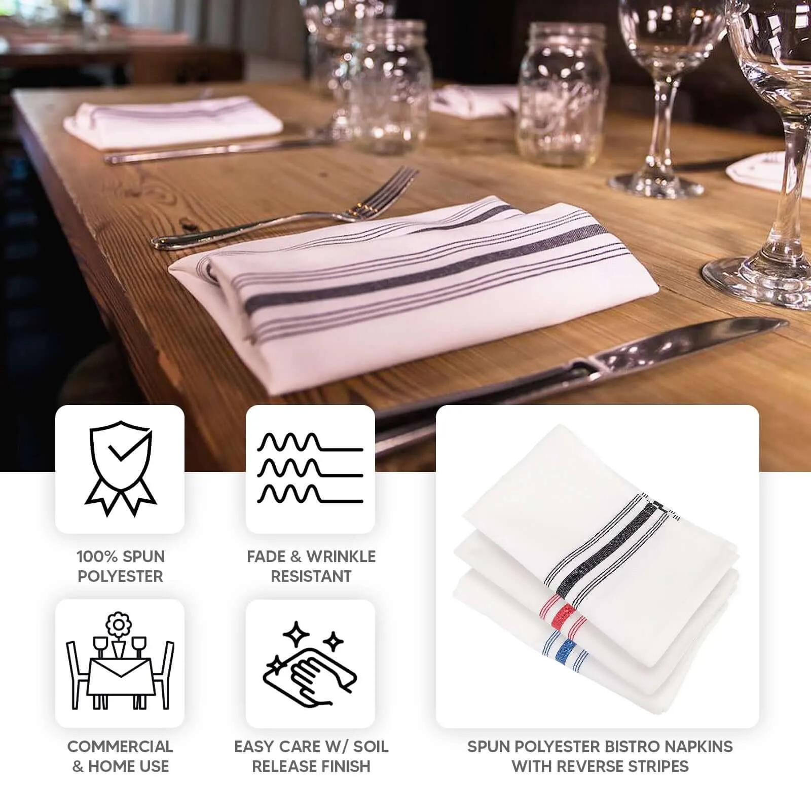 10 Pack White Spun Polyester Cloth Napkins with Sage Green Reverse Stripes, Premium Restaurant Quality Bistro Napkins - 18"x22"