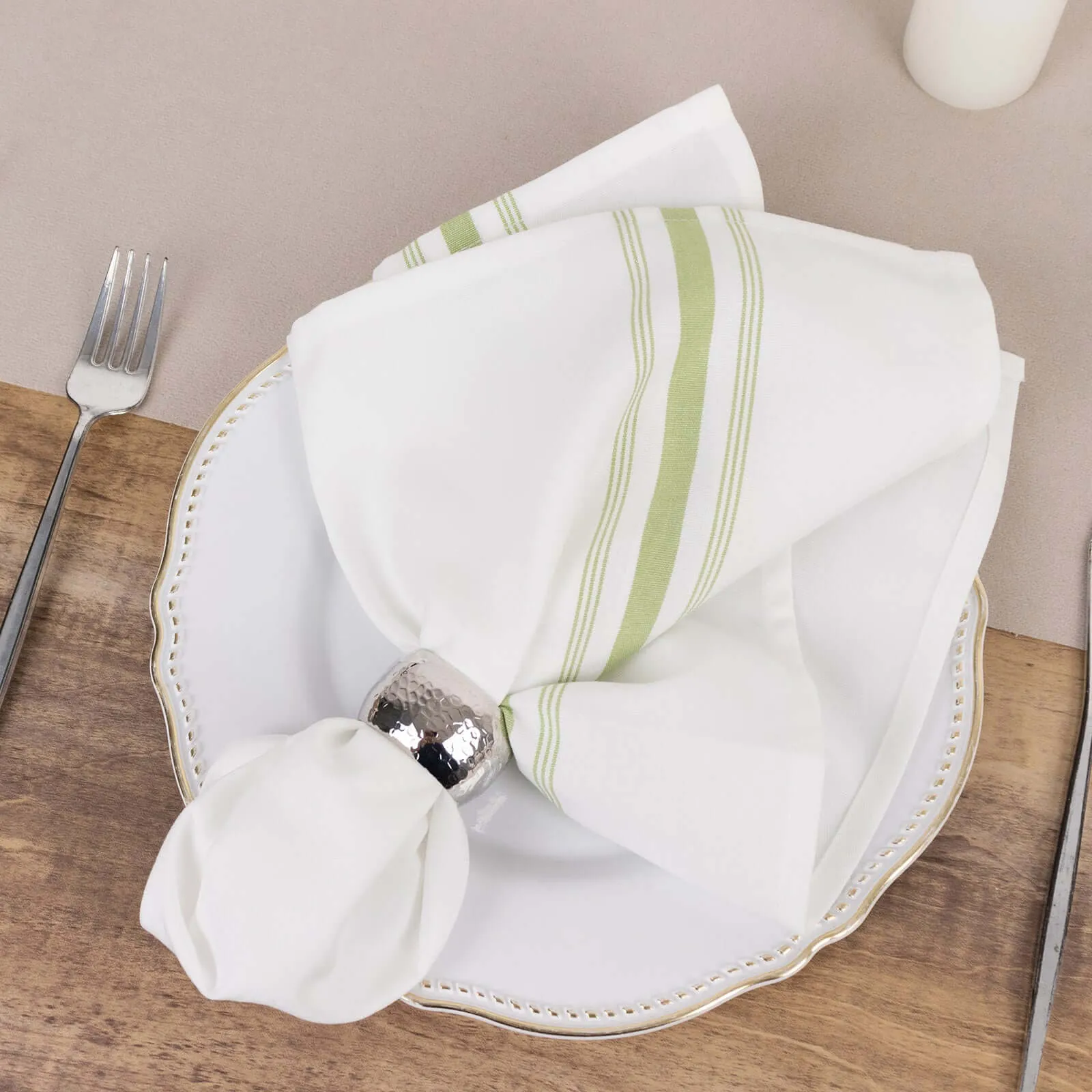 10 Pack White Spun Polyester Cloth Napkins with Sage Green Reverse Stripes, Premium Restaurant Quality Bistro Napkins - 18"x22"