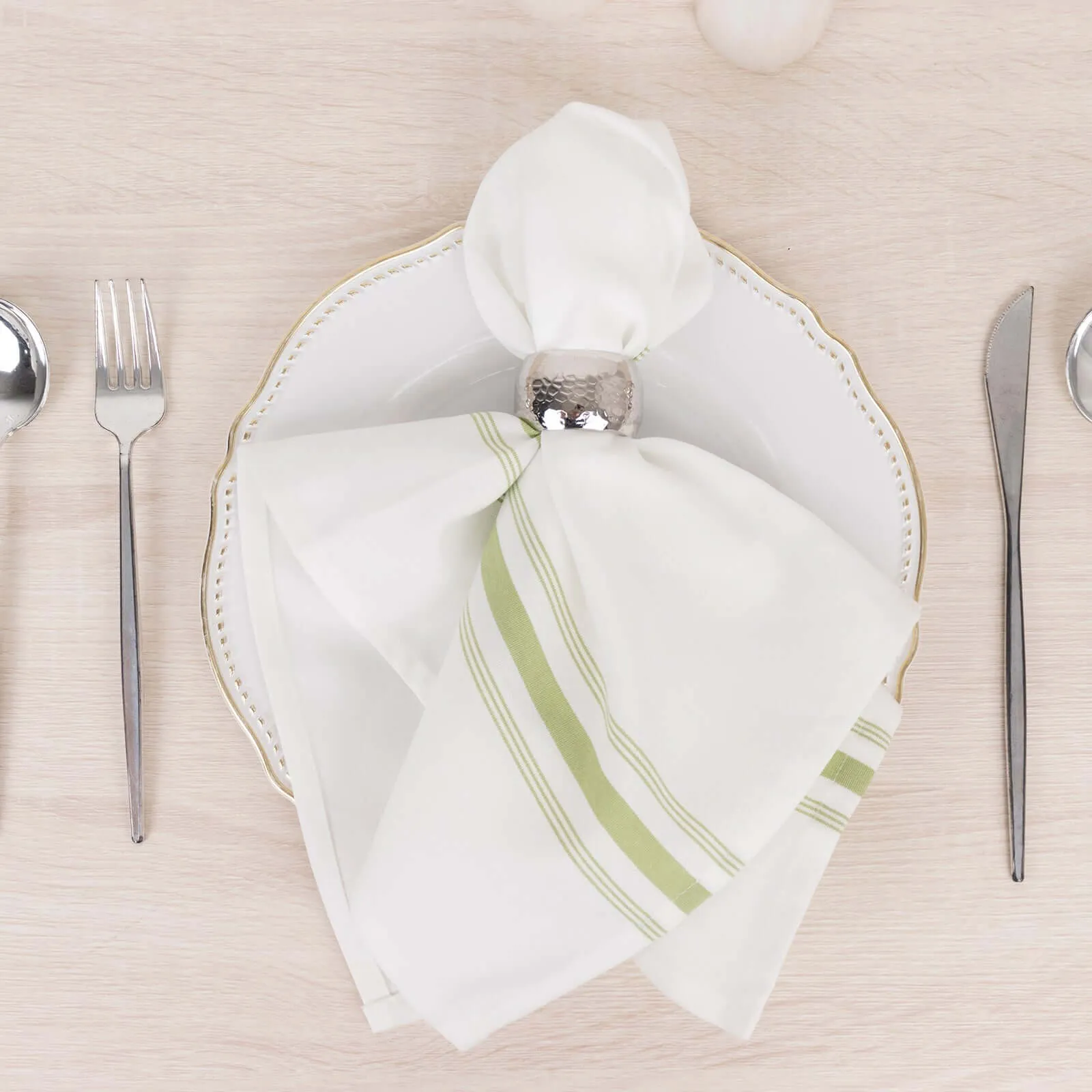 10 Pack White Spun Polyester Cloth Napkins with Sage Green Reverse Stripes, Premium Restaurant Quality Bistro Napkins - 18"x22"