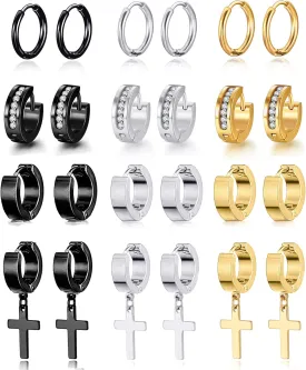 12 Pairs Stainless Steel Small Hoop Earrings Set Huggie Earrings CZ Inlaid Dangle Hinged Earrings Stud Earrings for Mens Women Silver Black Gold Tone