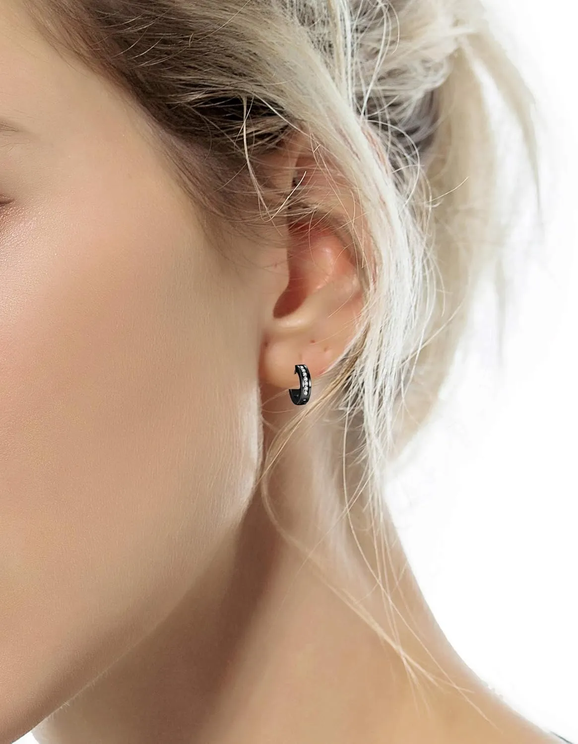12 Pairs Stainless Steel Small Hoop Earrings Set Huggie Earrings CZ Inlaid Dangle Hinged Earrings Stud Earrings for Mens Women Silver Black Gold Tone