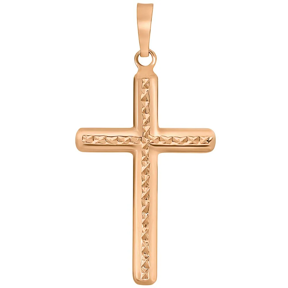 14k Rose Gold Textured Religious Cross Pendant Necklace with Rolo Cable Chain