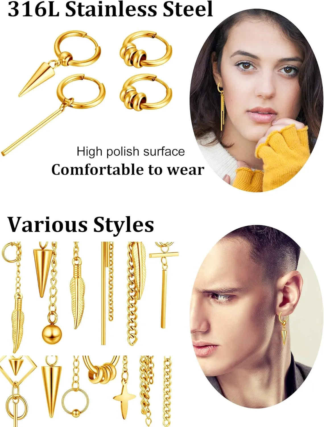 20 Pieces Men Dangle Earrings Stainless Steel Huggie Hinged Hoop for Women