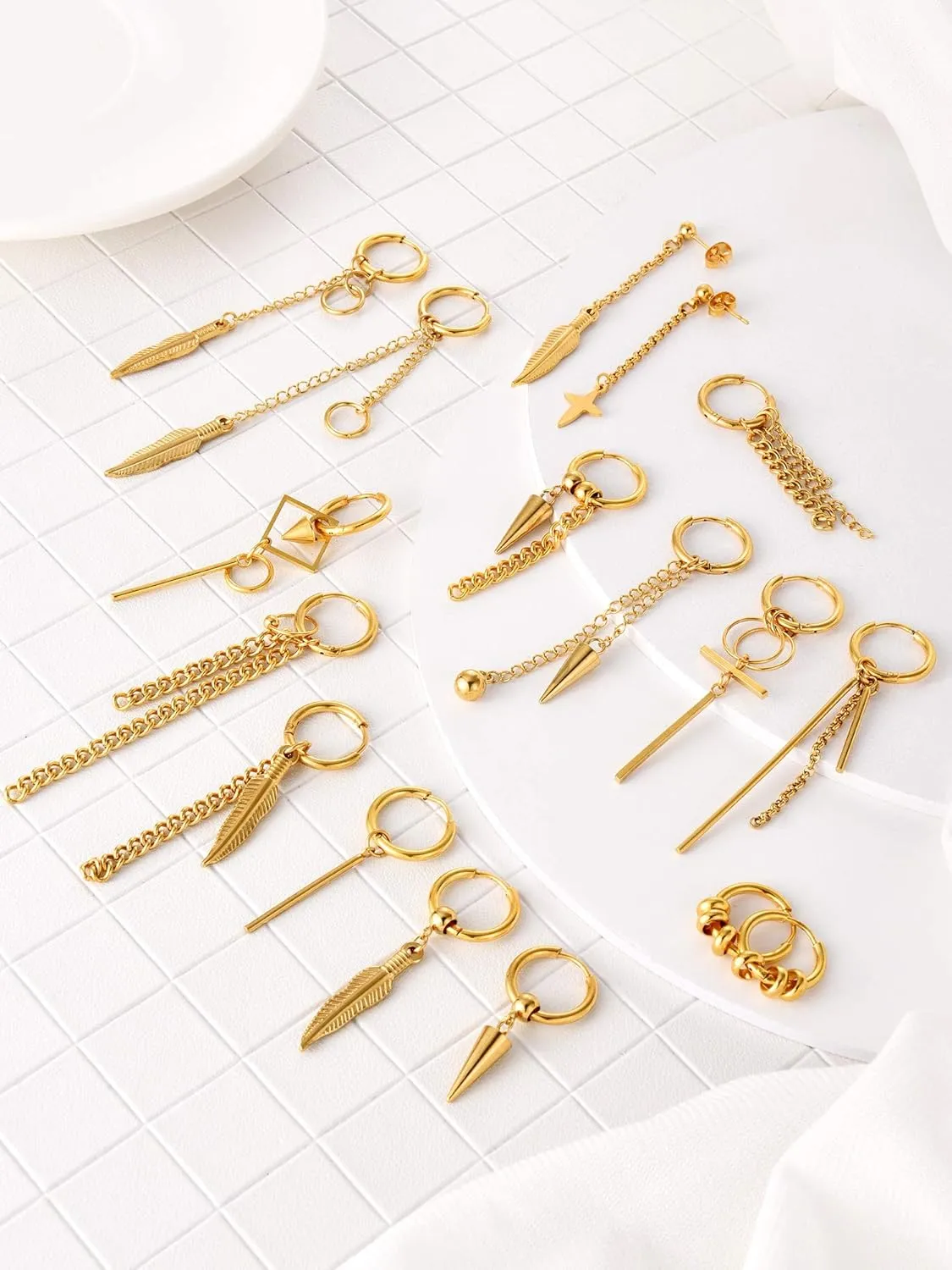 20 Pieces Men Dangle Earrings Stainless Steel Huggie Hinged Hoop for Women