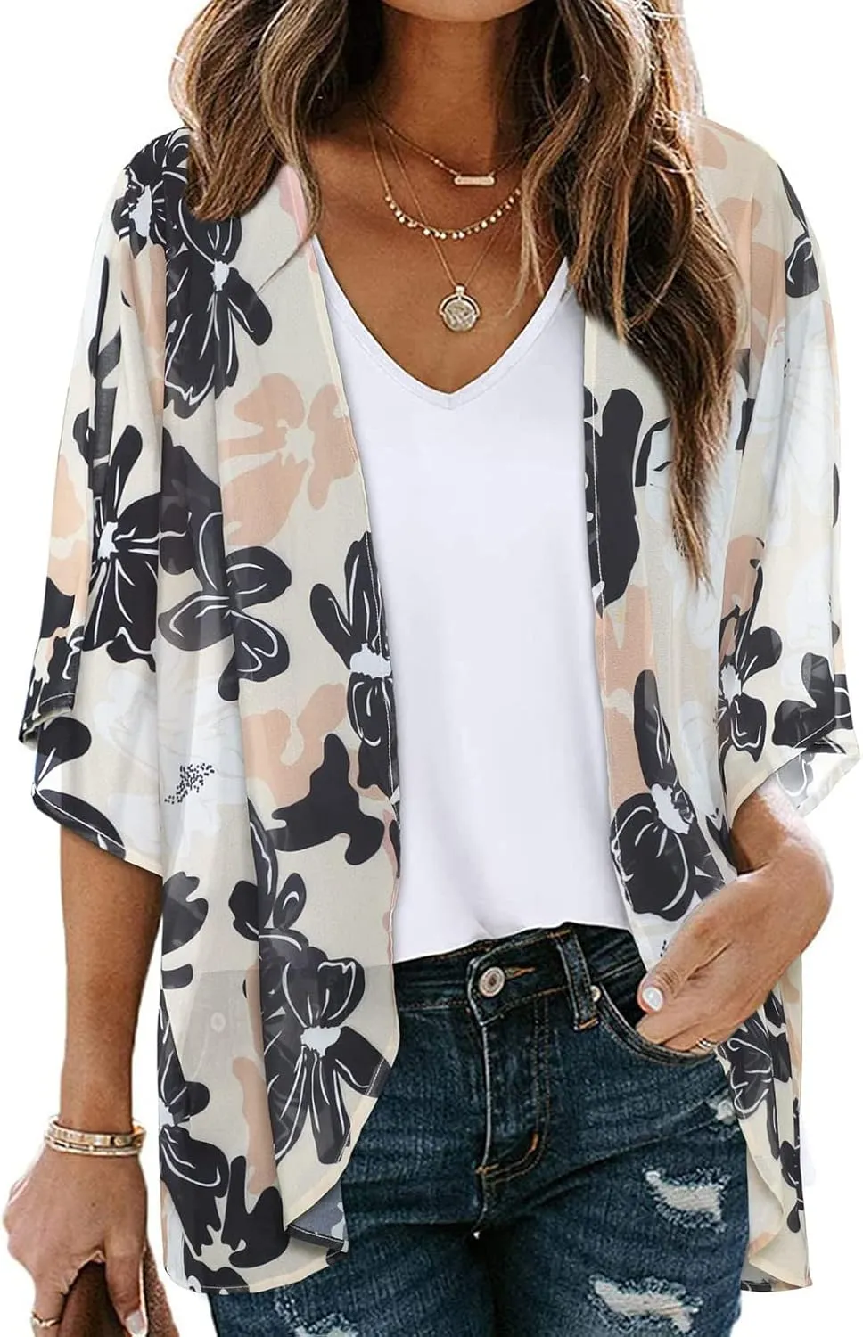 2025 Floral Printed Cardigans Women's Puff Sleeve Kimono Casual Loose Cover Up Boho Blouse Tops Summer Boho Clothes