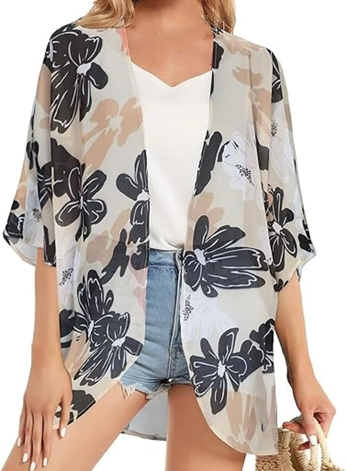 2025 Floral Printed Cardigans Women's Puff Sleeve Kimono Casual Loose Cover Up Boho Blouse Tops Summer Boho Clothes