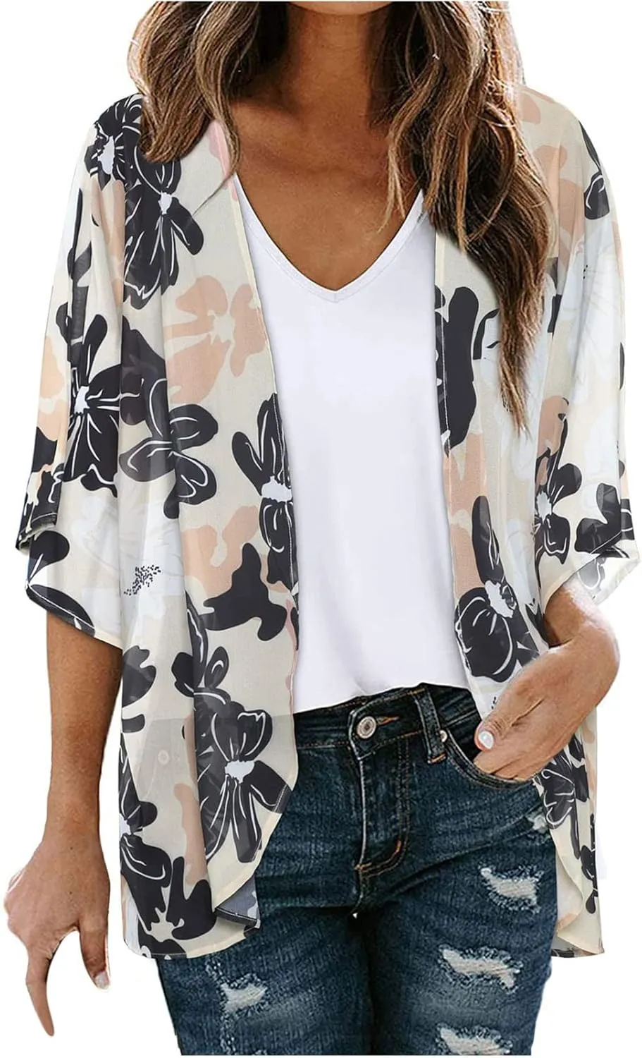 2025 Floral Printed Cardigans Women's Puff Sleeve Kimono Casual Loose Cover Up Boho Blouse Tops Summer Boho Clothes