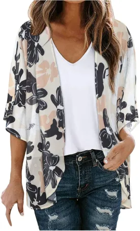 2025 Floral Printed Cardigans Women's Puff Sleeve Kimono Casual Loose Cover Up Boho Blouse Tops Summer Boho Clothes