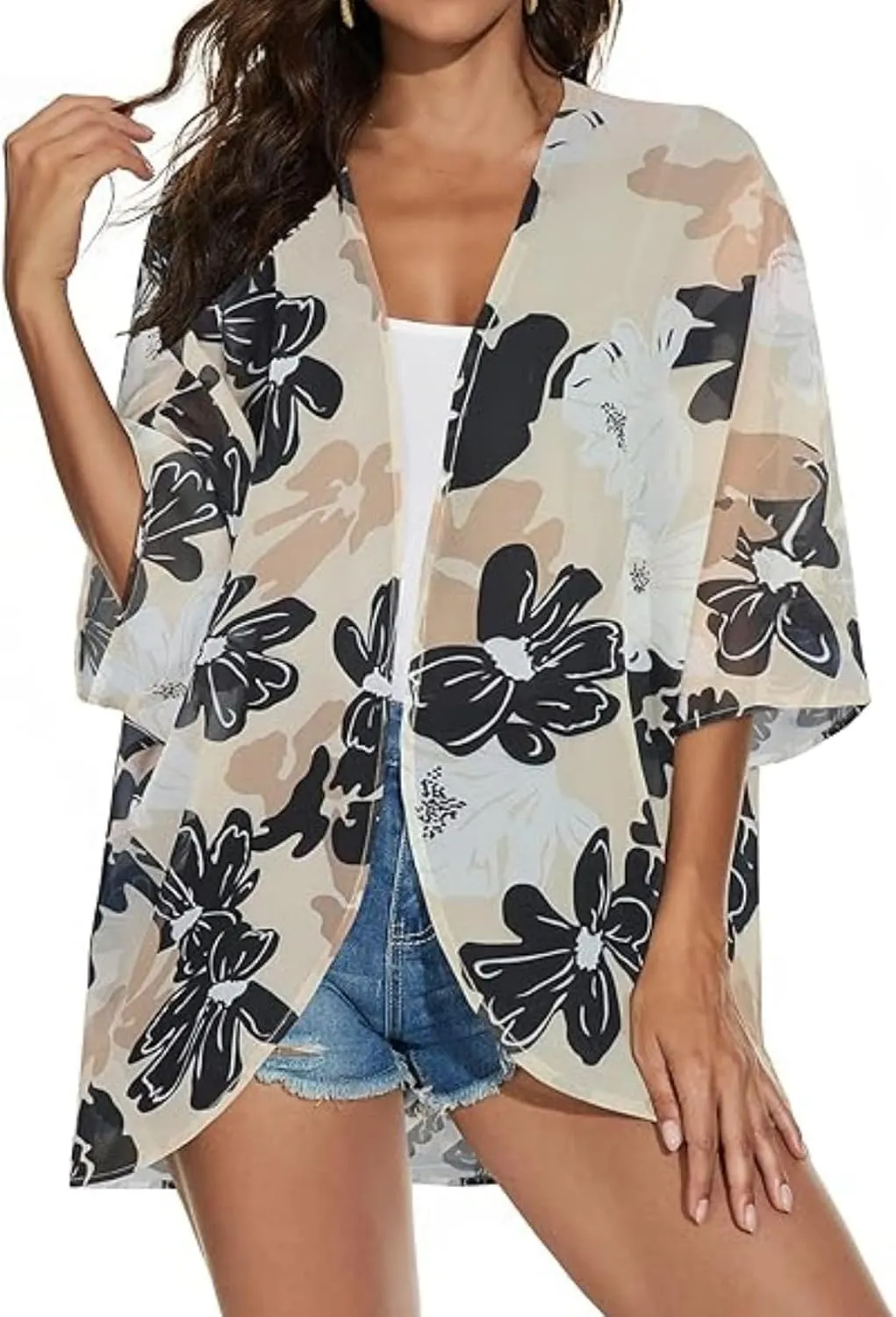 2025 Floral Printed Cardigans Women's Puff Sleeve Kimono Casual Loose Cover Up Boho Blouse Tops Summer Boho Clothes