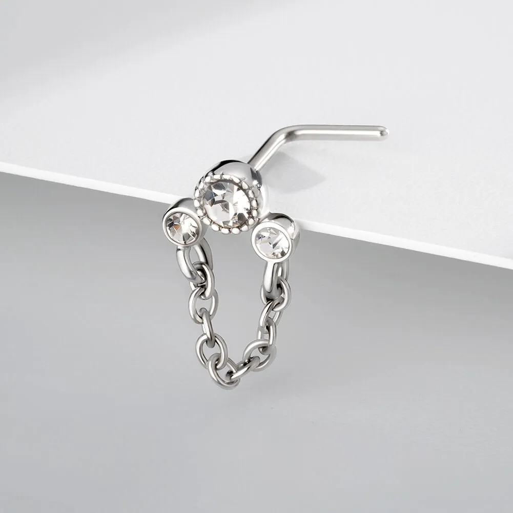 20G Clear CZ Bezel Setting Chain Style L Shape Nostril Stud