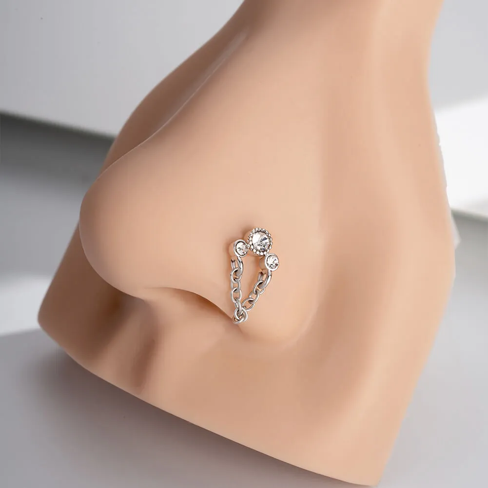 20G Clear CZ Bezel Setting Chain Style L Shape Nostril Stud
