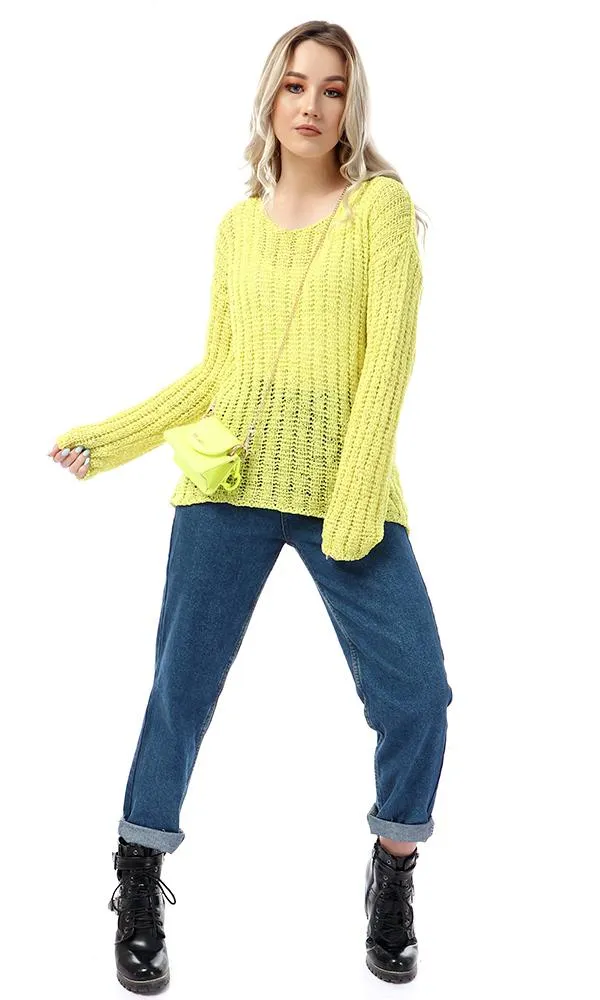 55325 Round Knitted Yellow Full Sleeves Pullover