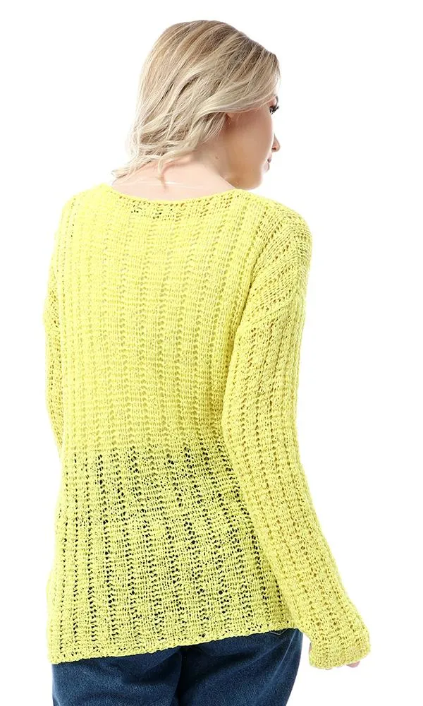 55325 Round Knitted Yellow Full Sleeves Pullover
