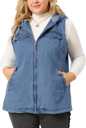 Agnes Orinda Plus Size Denim Vest for Women Sleeveless Lightweight Hoodie Utility 2023 Denim Jacket Vests