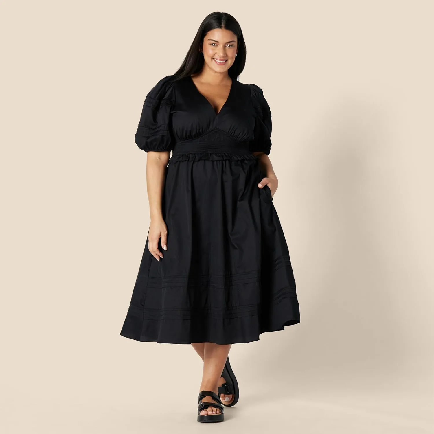 Amazon Essentials Women's Regular-Fit Cotton Sateen Puff Sleeve Midi Dress