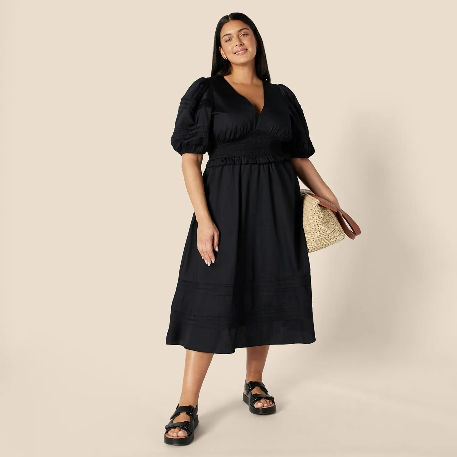 Amazon Essentials Women's Regular-Fit Cotton Sateen Puff Sleeve Midi Dress