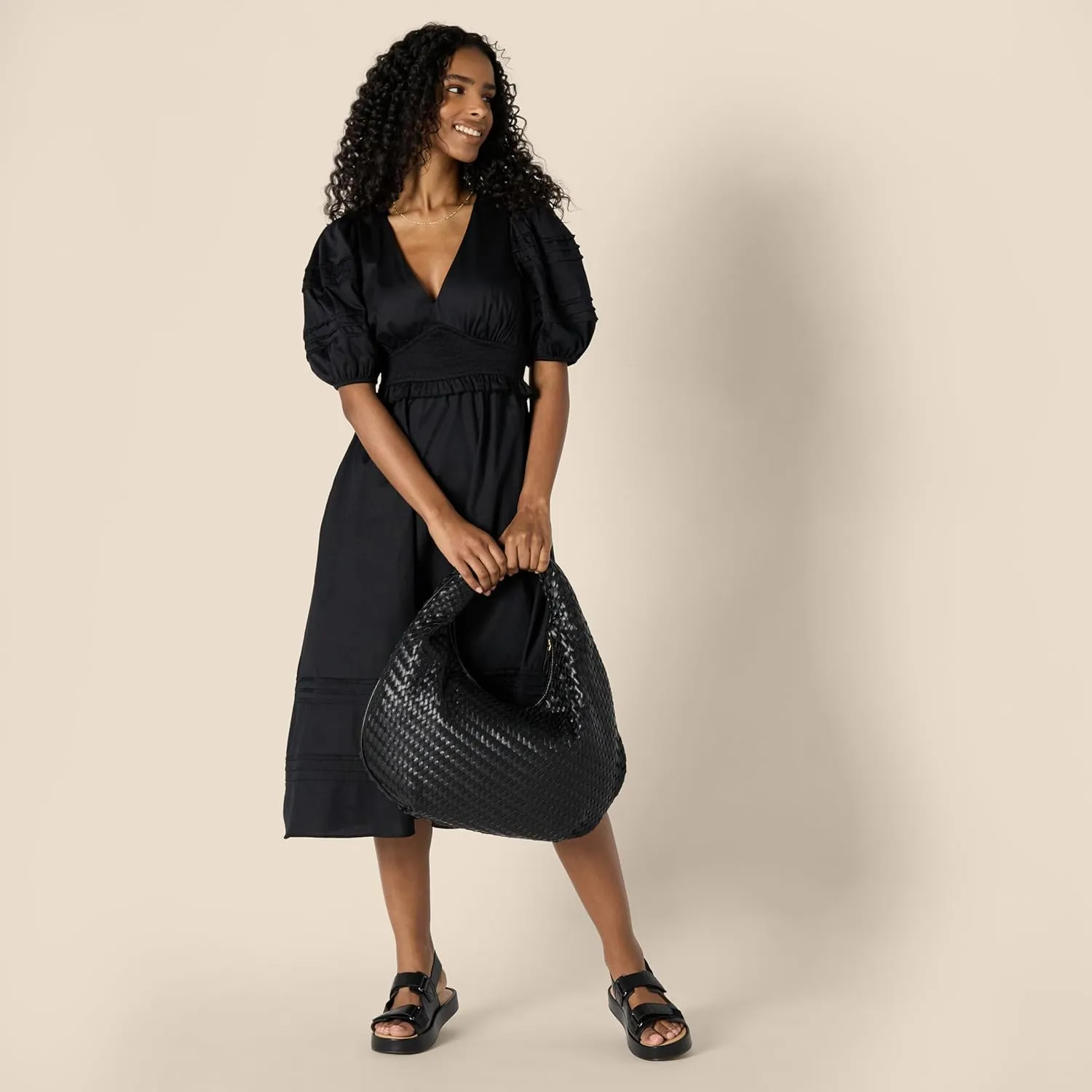 Amazon Essentials Women's Regular-Fit Cotton Sateen Puff Sleeve Midi Dress