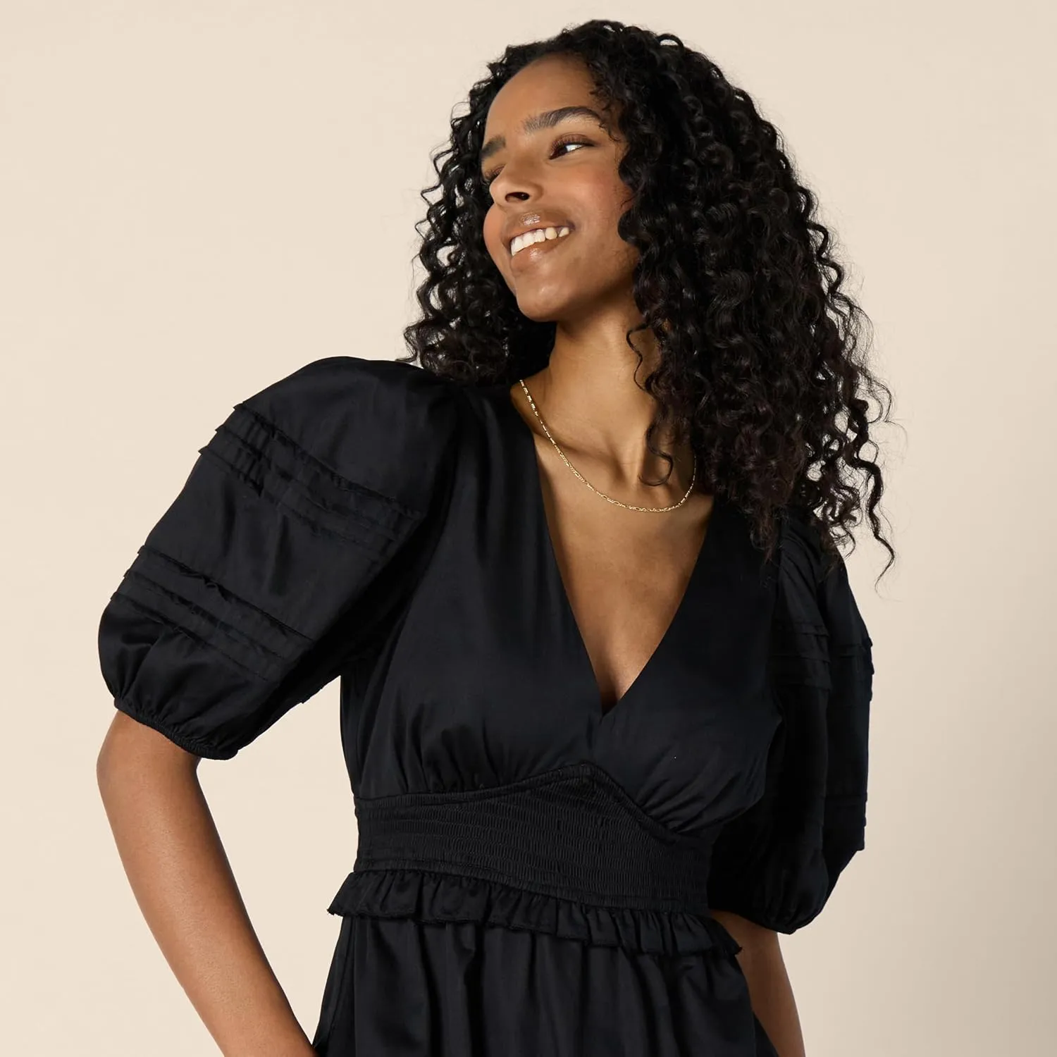 Amazon Essentials Women's Regular-Fit Cotton Sateen Puff Sleeve Midi Dress