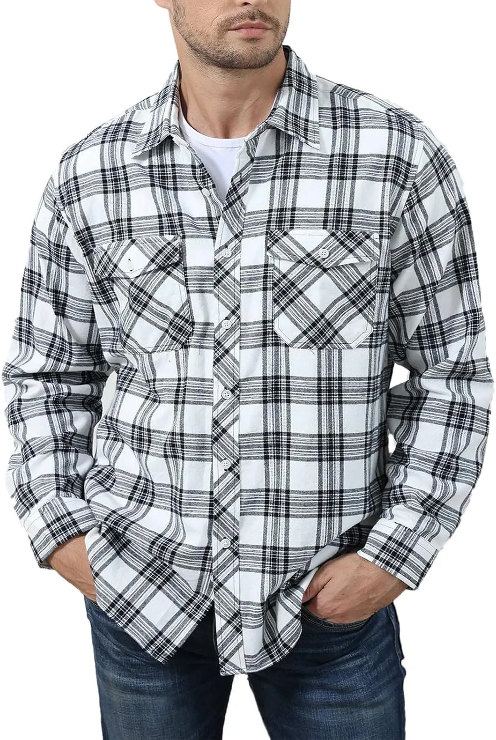 Angbater Mens Flannel Plaid Shirts Fashion Long Sleeve Button Down Shirt with Pockets