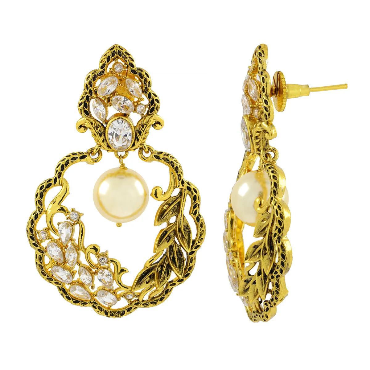 Antique Traditional 22K Gold Cz Pearl Kundan Dangling Earring Women