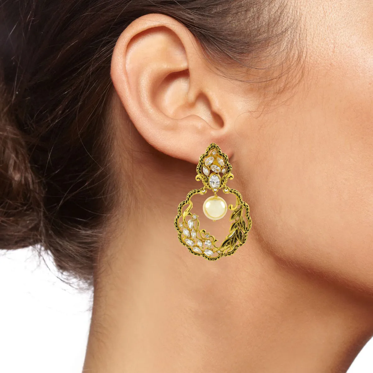 Antique Traditional 22K Gold Cz Pearl Kundan Dangling Earring Women
