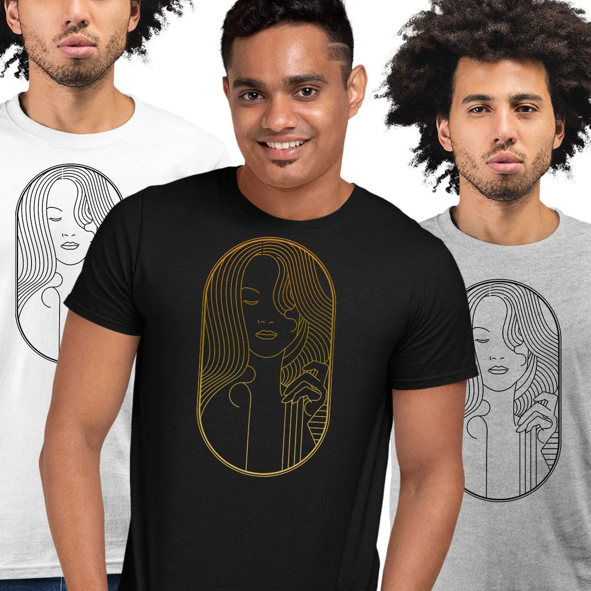Art Deco Elegant Portraits Unisex T-shirt Golden Nostalgia Soft Line Design 11