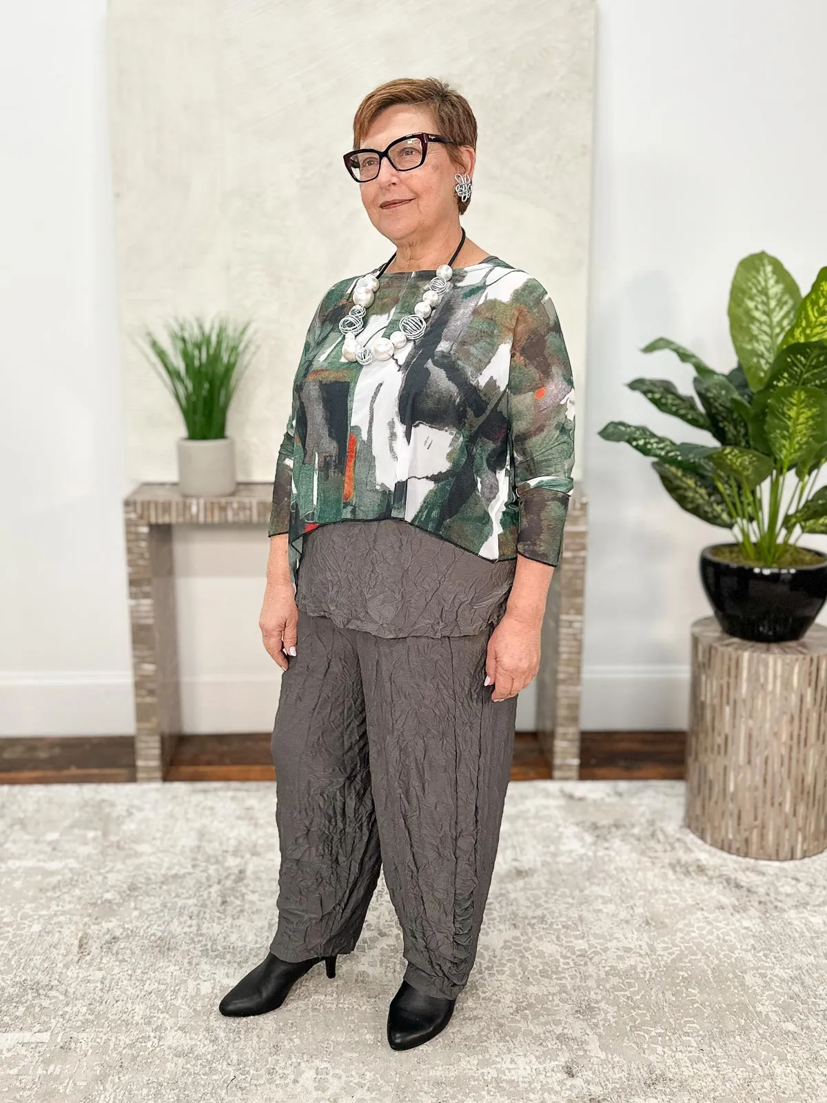Asymmetric Printed Mesh Topper, Green/Grey