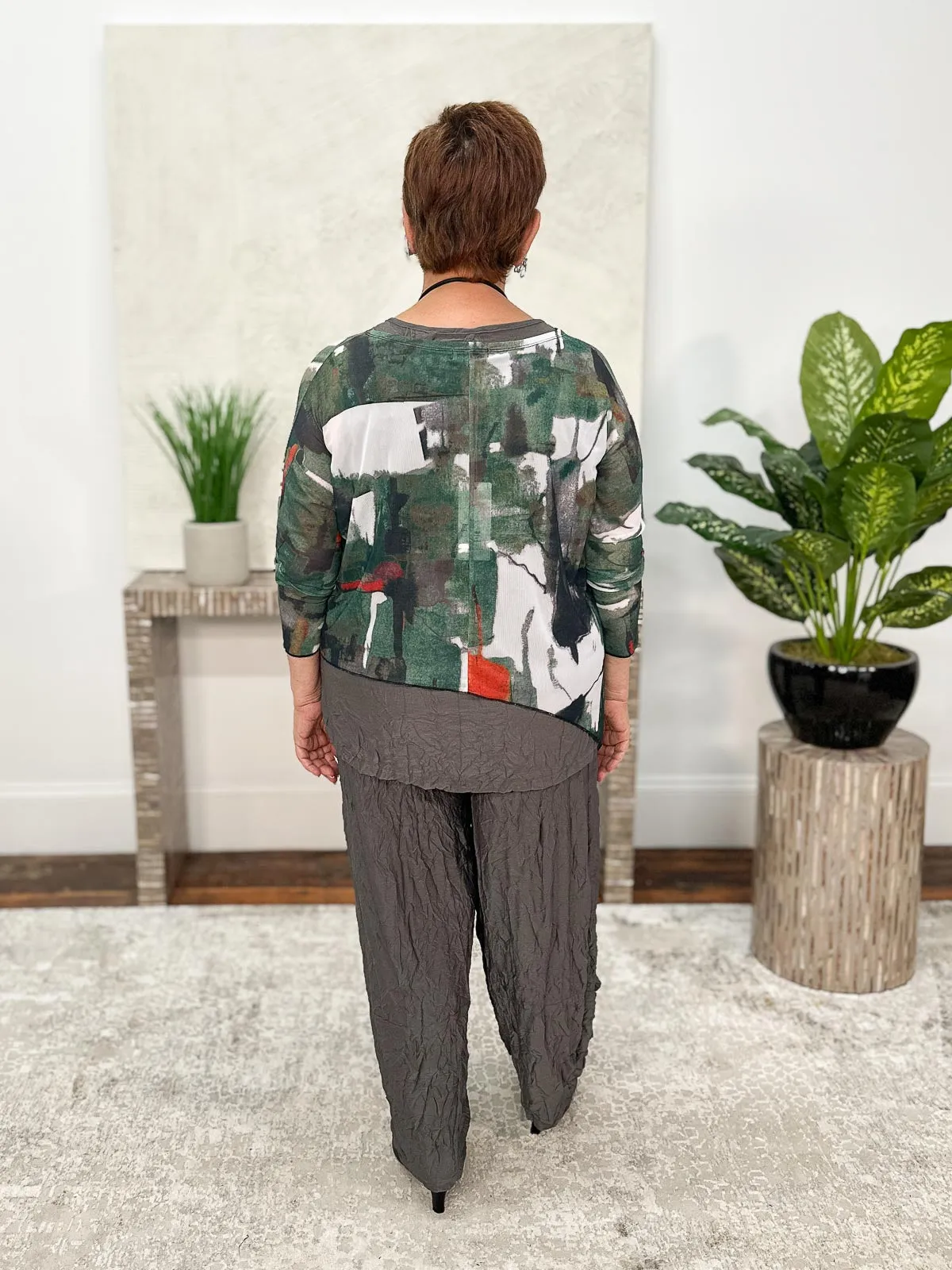 Asymmetric Printed Mesh Topper, Green/Grey