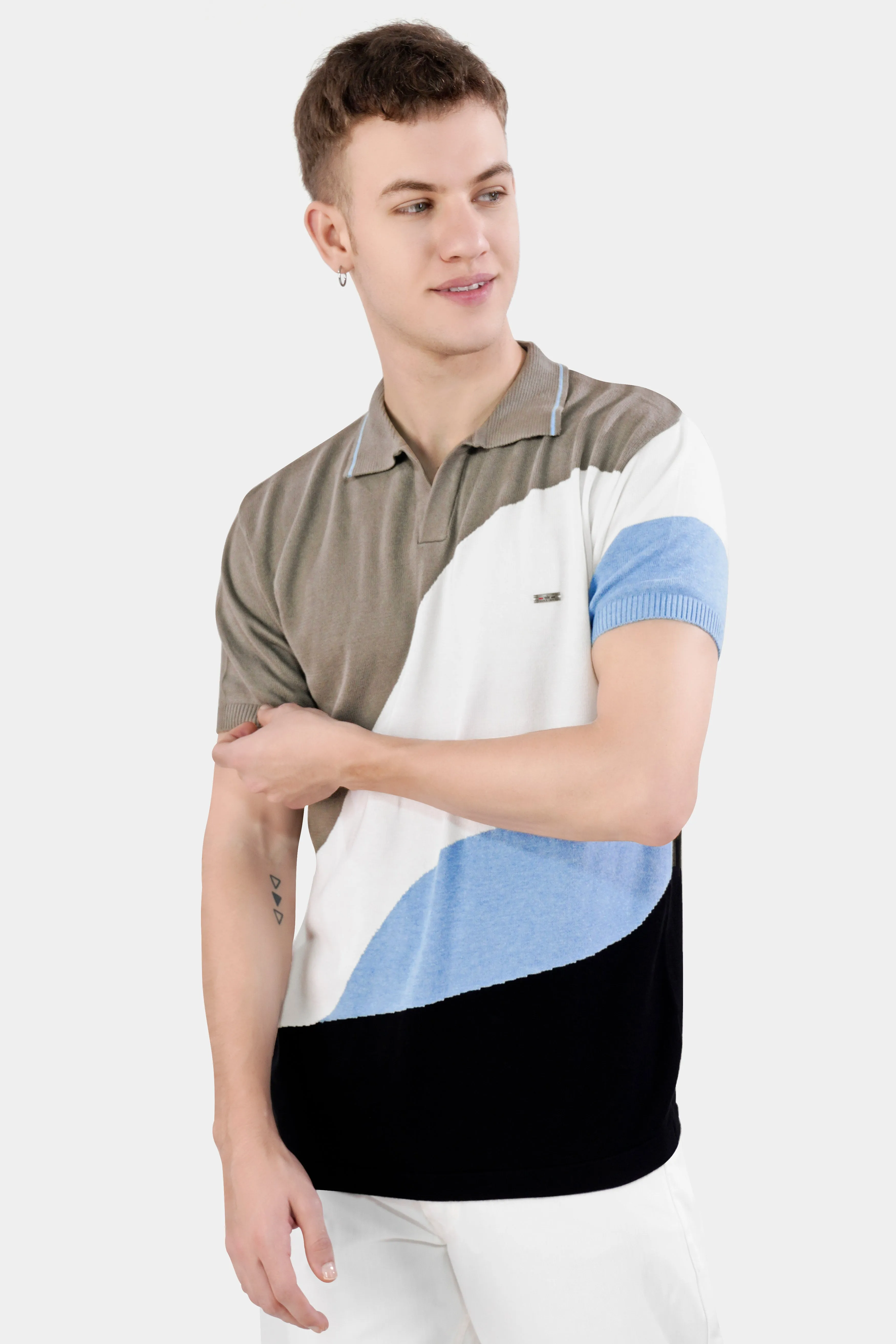 Beaver Brown with White and Glacier Blue Premium Cotton Flat Knit Polo