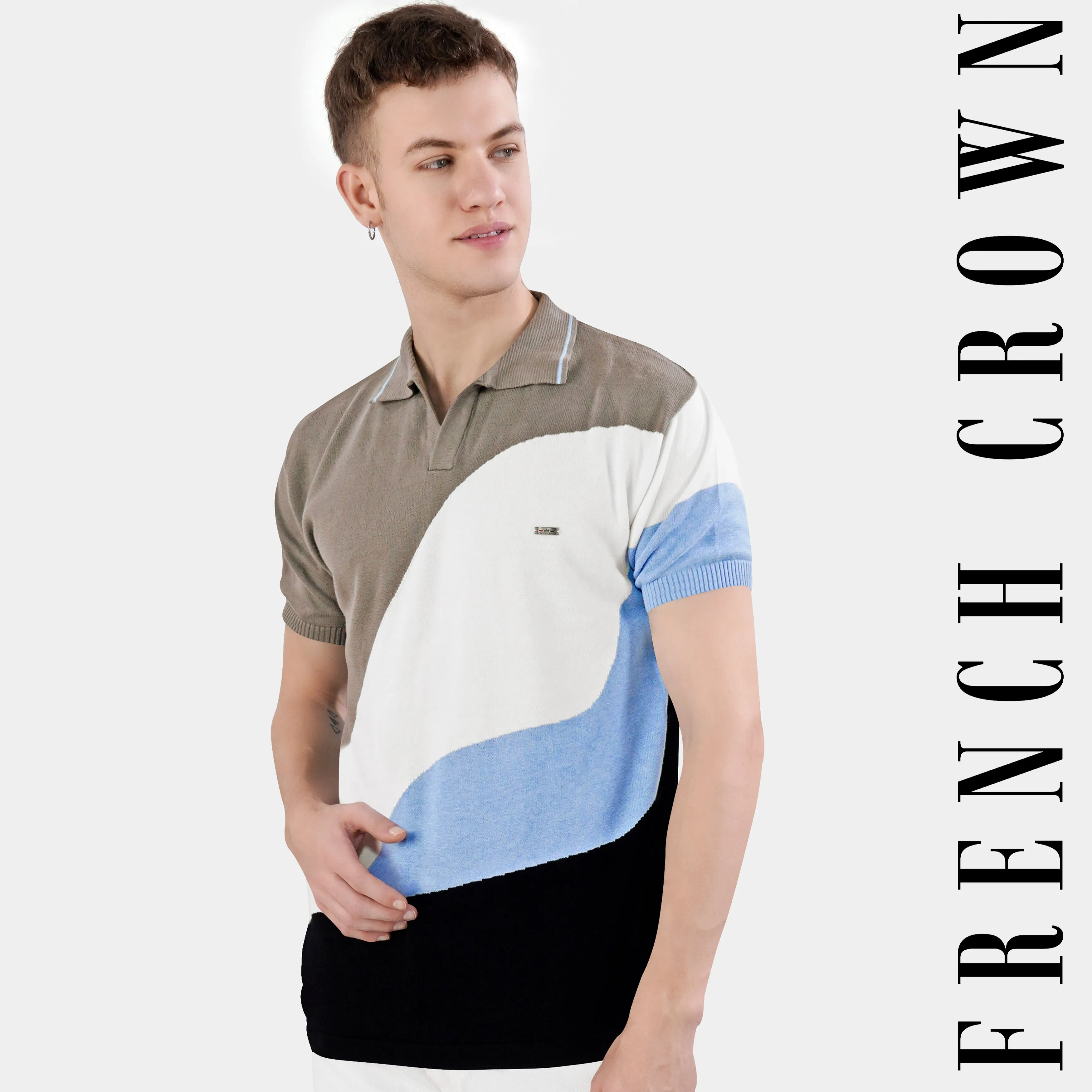 Beaver Brown with White and Glacier Blue Premium Cotton Flat Knit Polo