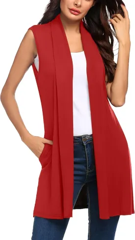 Beyove Womens Long Vests Sleeveless Draped Lightweight Open Front Cardigan Layering Vest with Side Pockets