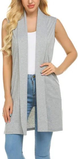 Beyove Womens Long Vests Sleeveless Draped Lightweight Open Front Cardigan Layering Vest with Side Pockets