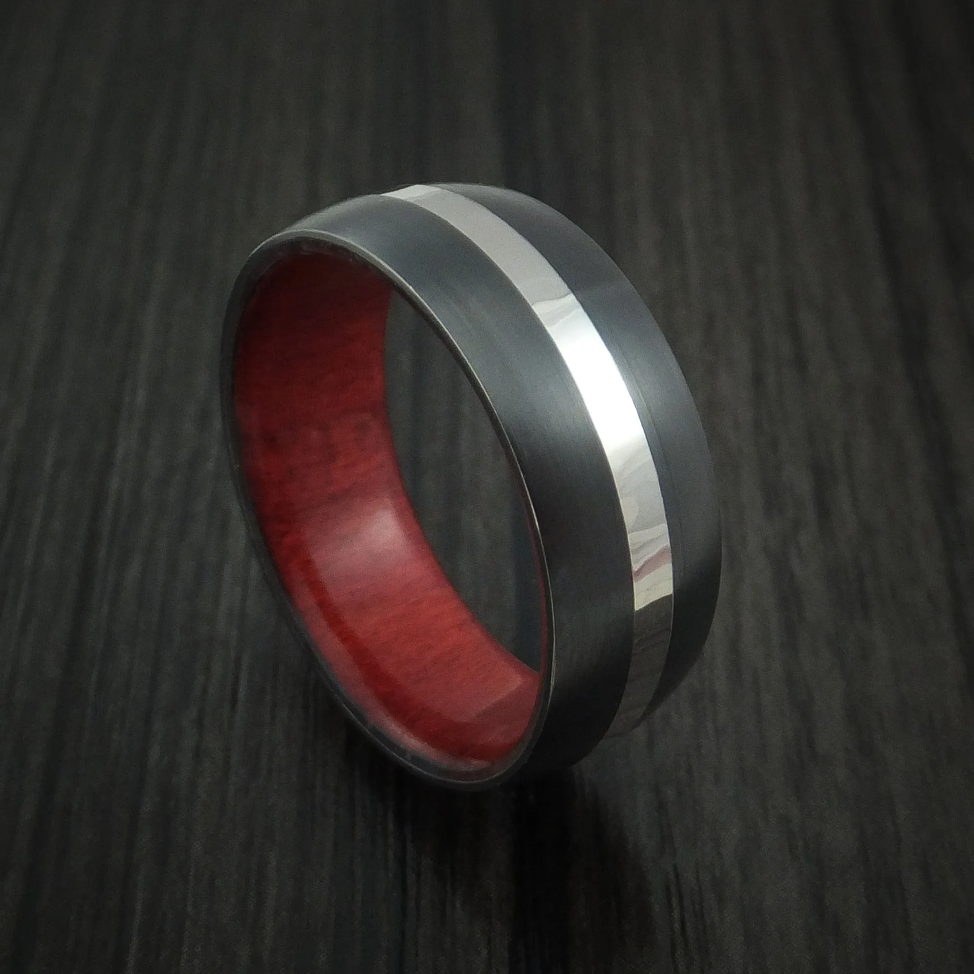 Black Titanium Men's Band with Platinum and Red Heart Wood Sleeve Custom Made