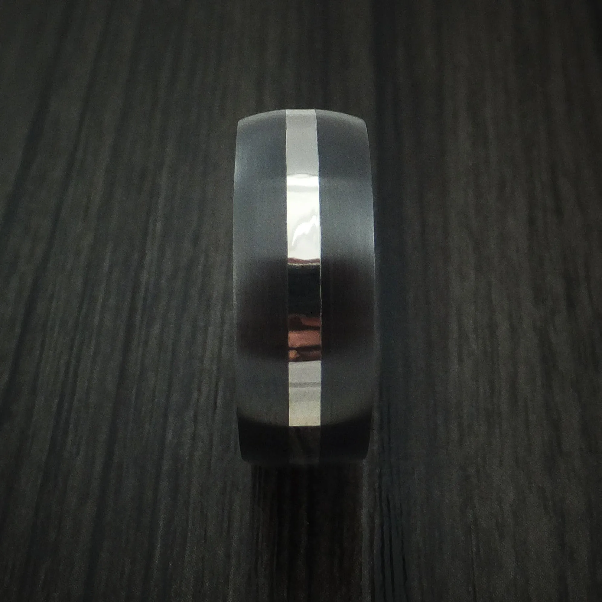 Black Titanium Men's Band with Platinum and Red Heart Wood Sleeve Custom Made