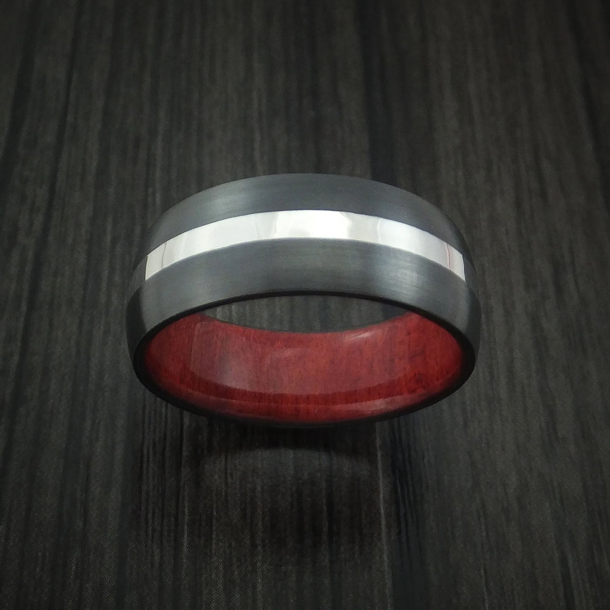 Black Titanium Men's Band with Platinum and Red Heart Wood Sleeve Custom Made