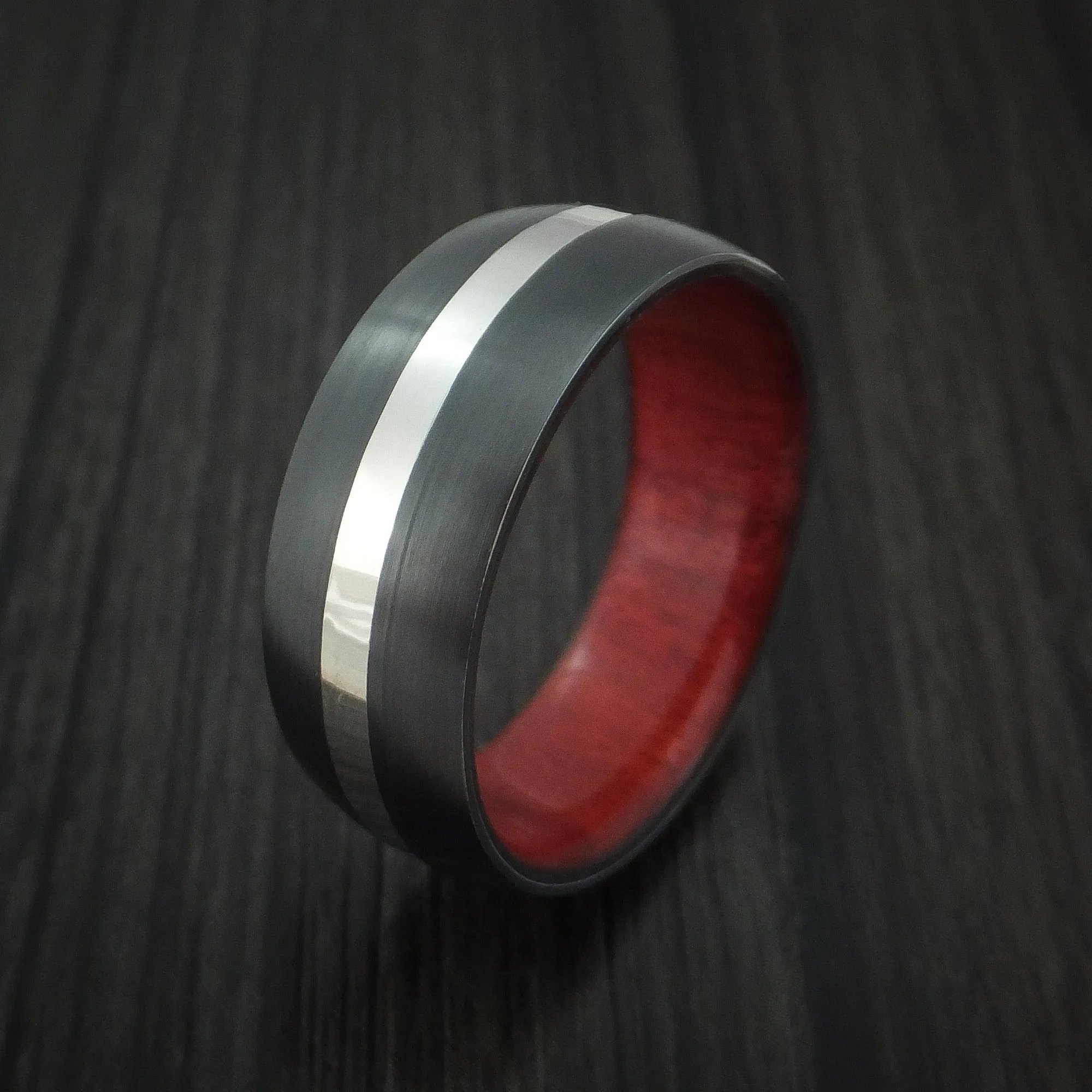 Black Titanium Men's Band with Platinum and Red Heart Wood Sleeve Custom Made