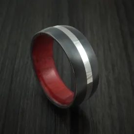 Black Titanium Men's Band with Platinum and Red Heart Wood Sleeve Custom Made