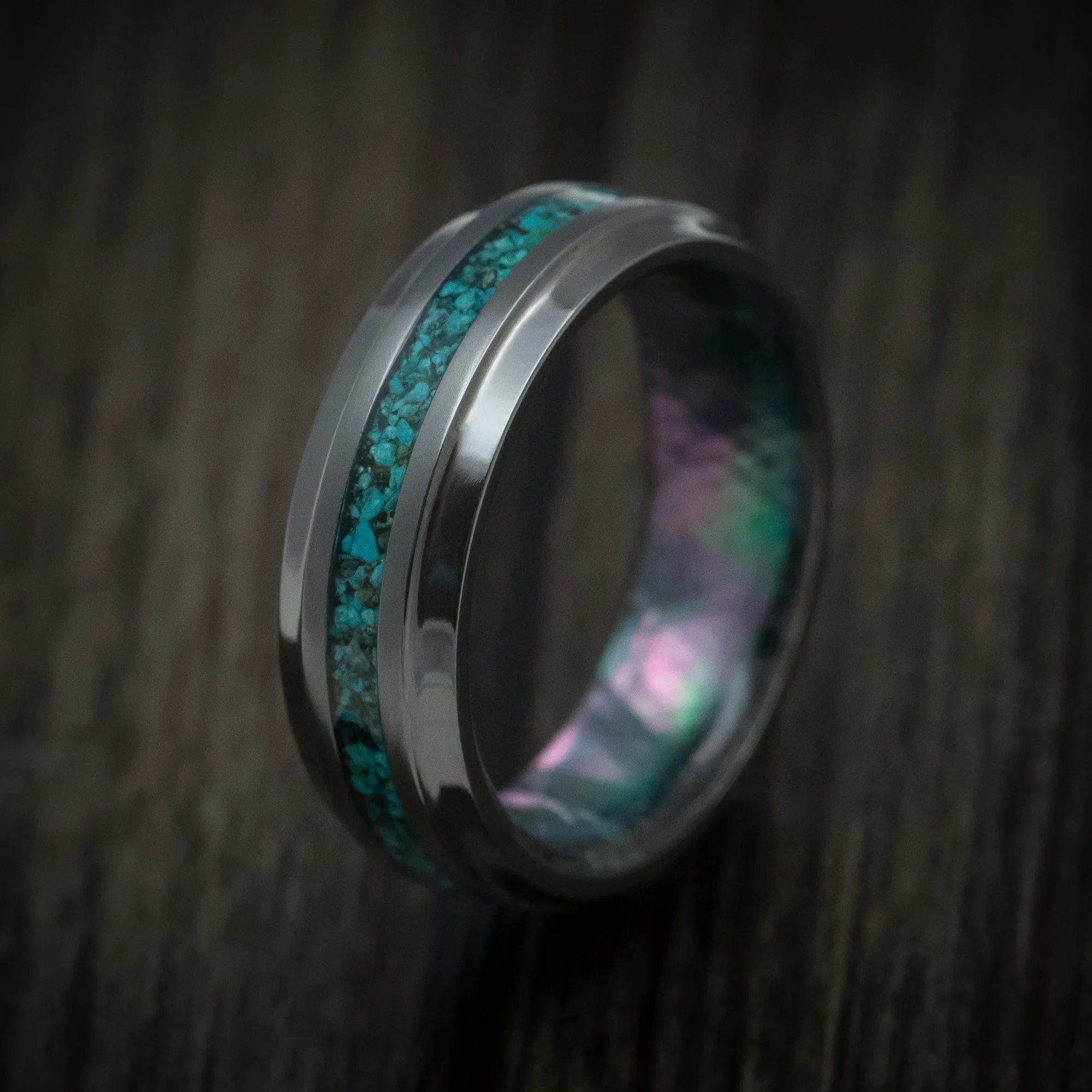 Black Titanium Men's Ring with Black Mother of Pearl Sleeve and Chrysocolla Stone Inlay Custom Made