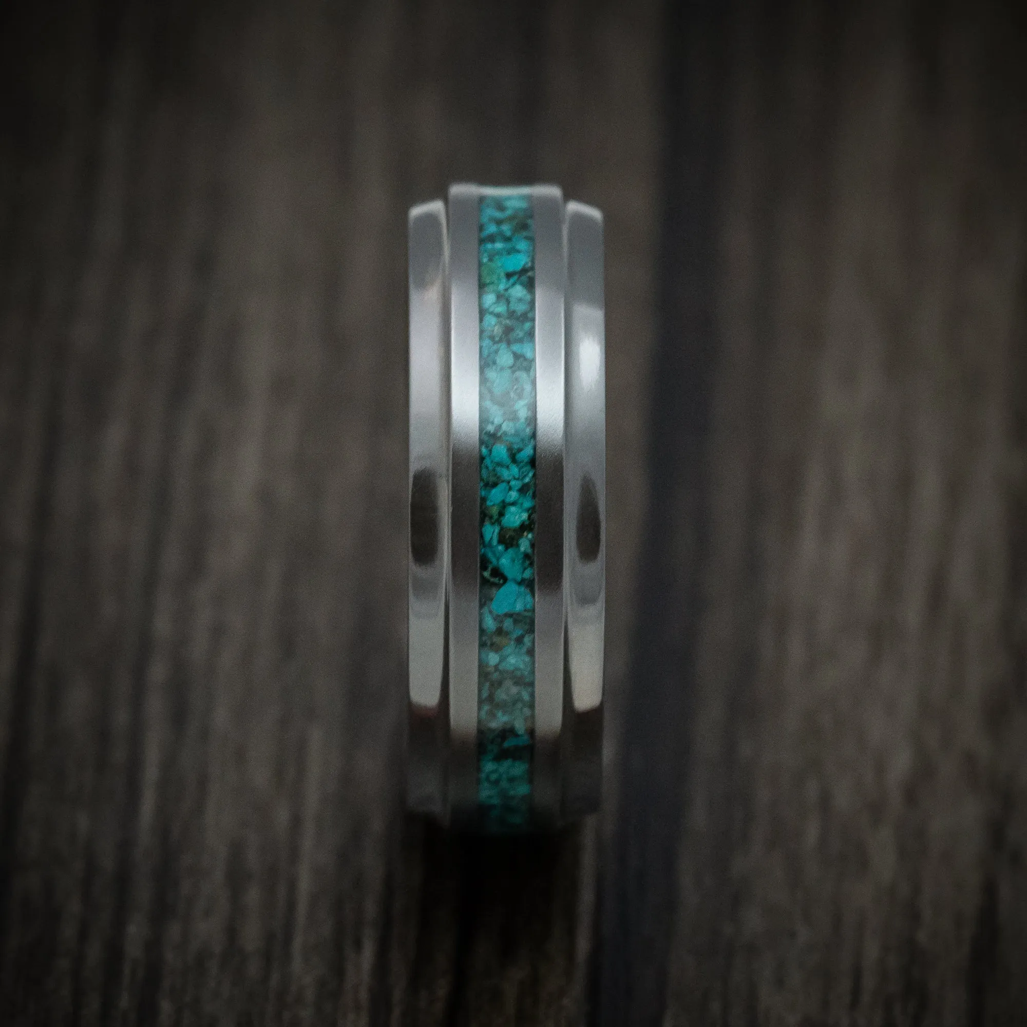 Black Titanium Men's Ring with Black Mother of Pearl Sleeve and Chrysocolla Stone Inlay Custom Made