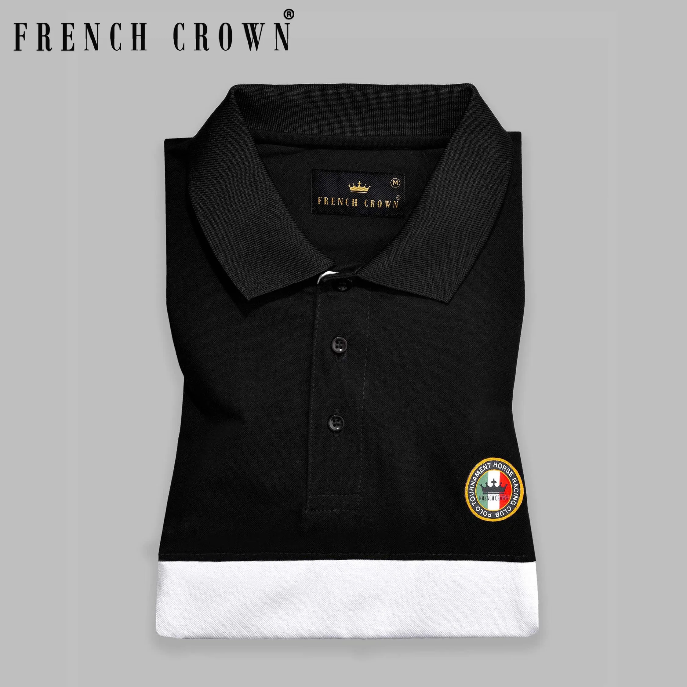 Black with White Patch Design Organic Cotton Mercerised Pique Polo