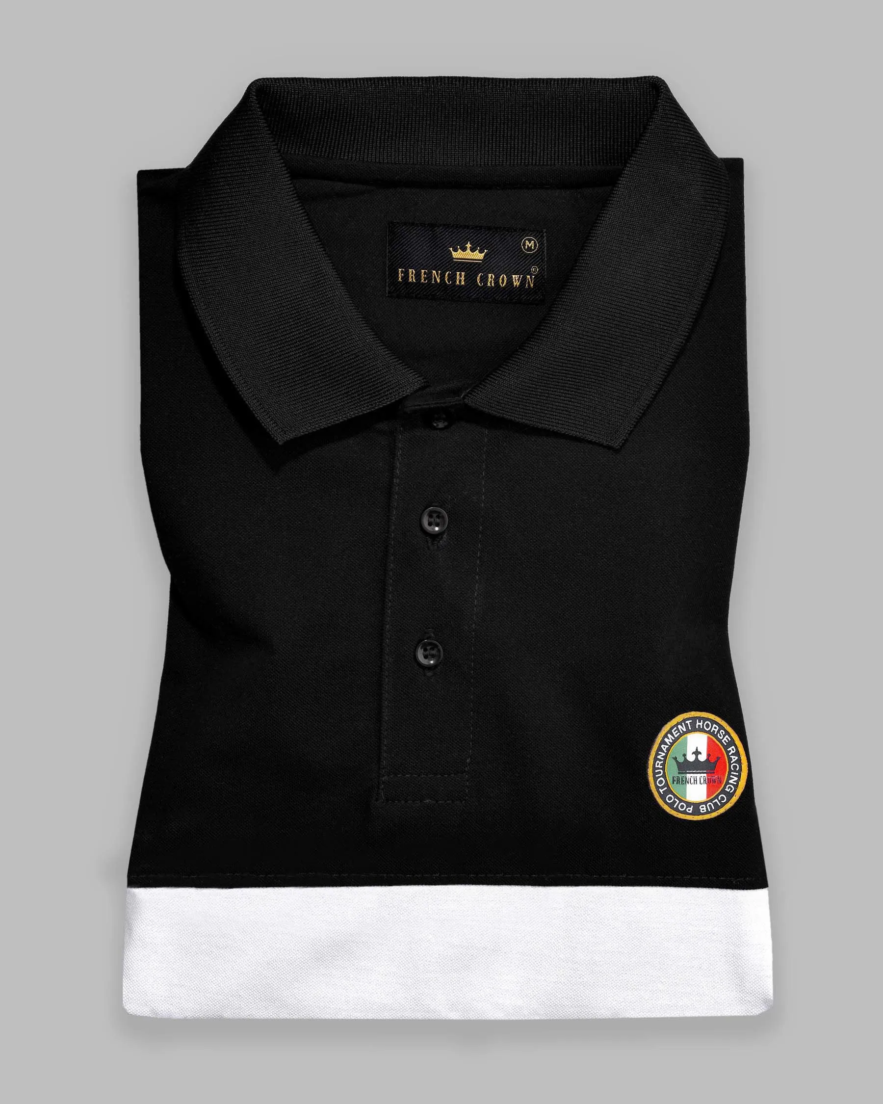 Black with White Patch Design Organic Cotton Mercerised Pique Polo