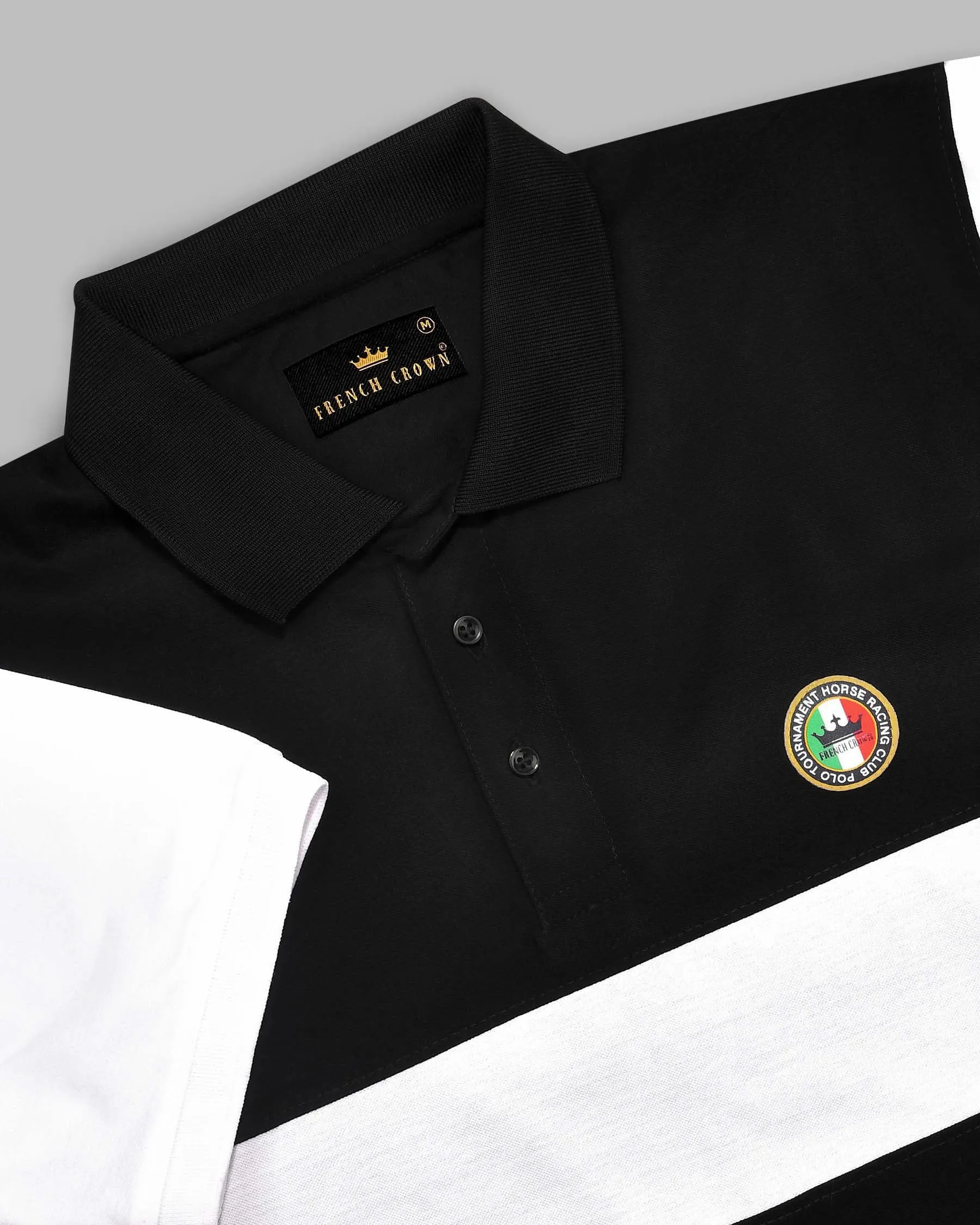 Black with White Patch Design Organic Cotton Mercerised Pique Polo
