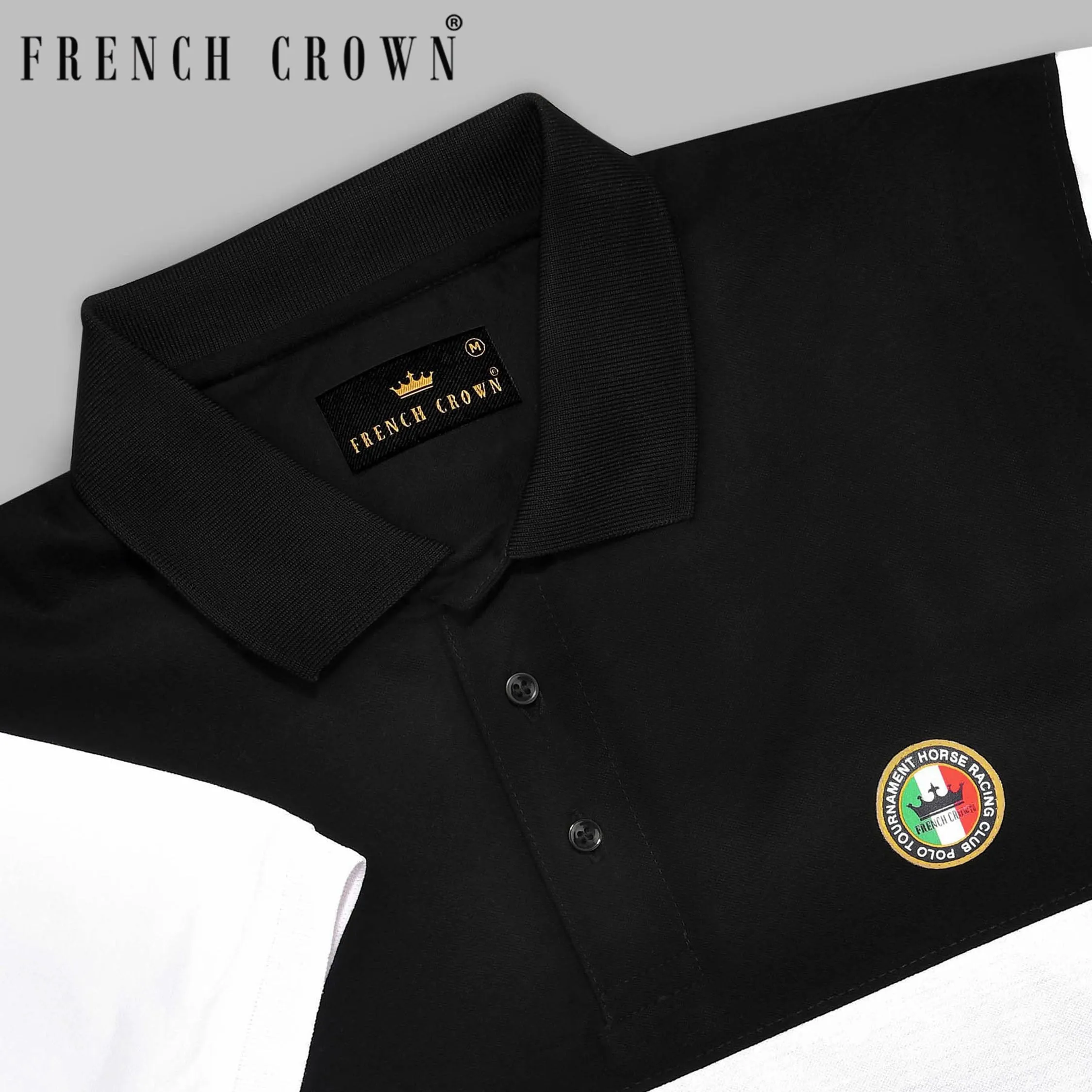 Black with White Patch Design Organic Cotton Mercerised Pique Polo