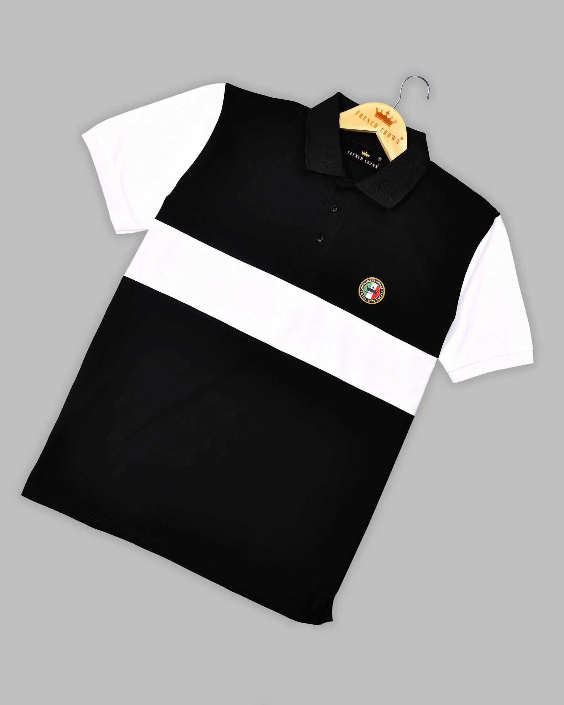 Black with White Patch Design Organic Cotton Mercerised Pique Polo