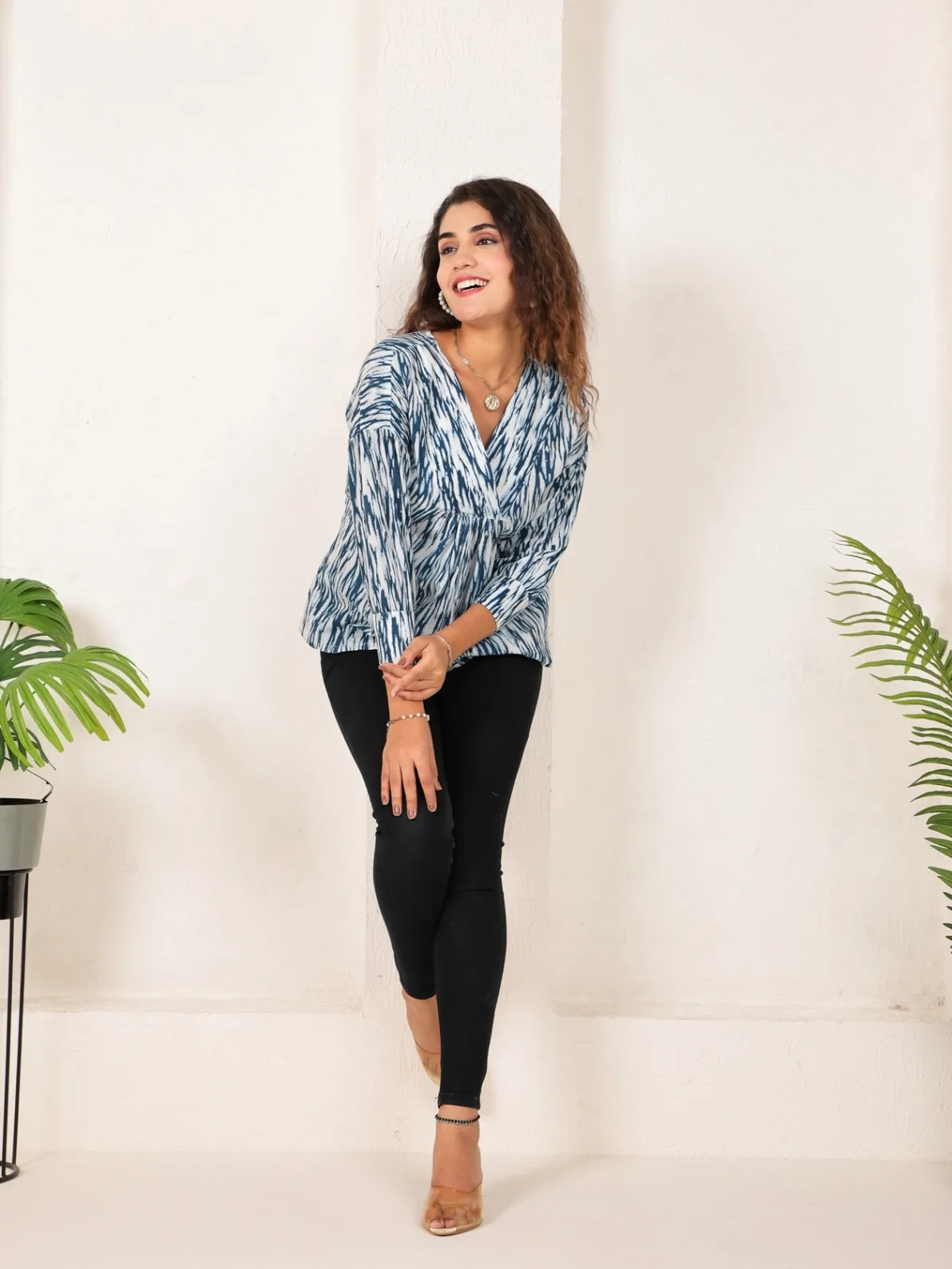 Blue Cotton V-Neck Top