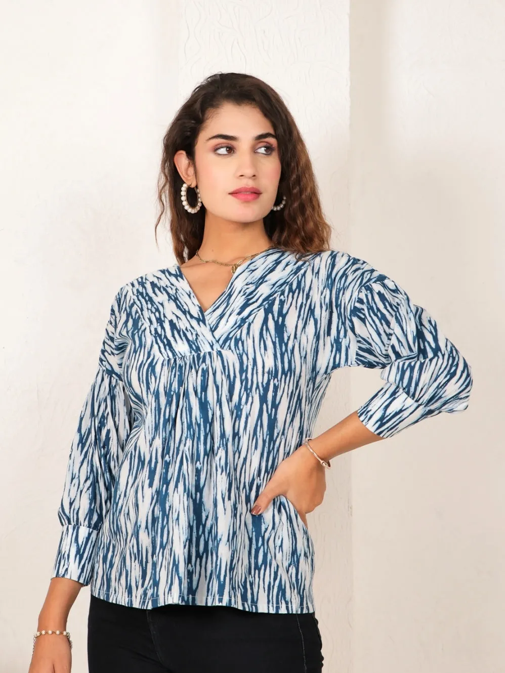 Blue Cotton V-Neck Top