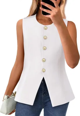 BTFBM Summer Sleeveless Blazer Vest For Women Dressy Button Down Round Neck Business Casual Outfits Work Suit Vests Tops