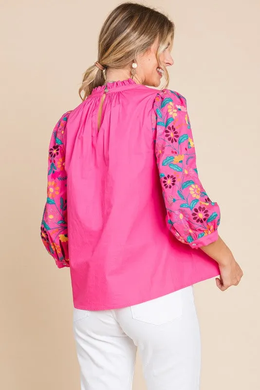 BUBBLE GUM PINK 3/4 SLEEVES TOP WITH EMBROIDERY AND BUTTON BACK